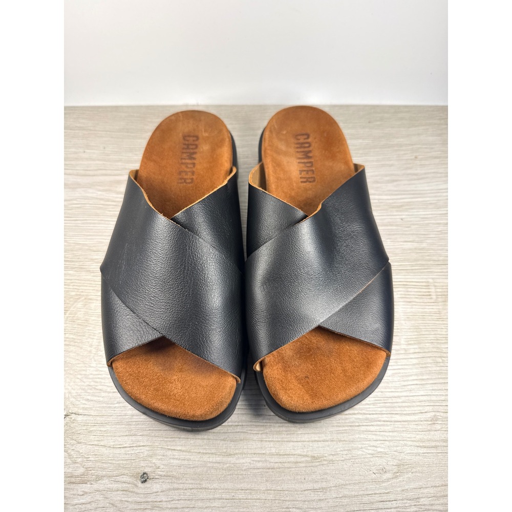 Camper Brutus Women's EU 38 Black Leather Crossover Slide Sandals